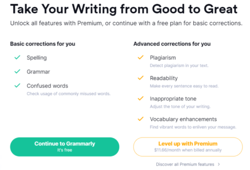 Grammarly-会員登録ページで無料会員と有料会員をえらぶ画像