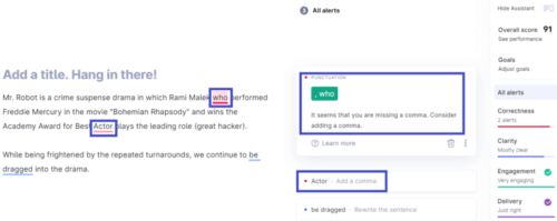 Grammarly-Premium会員でwhoとActorのカンマの追加が指摘されている画像