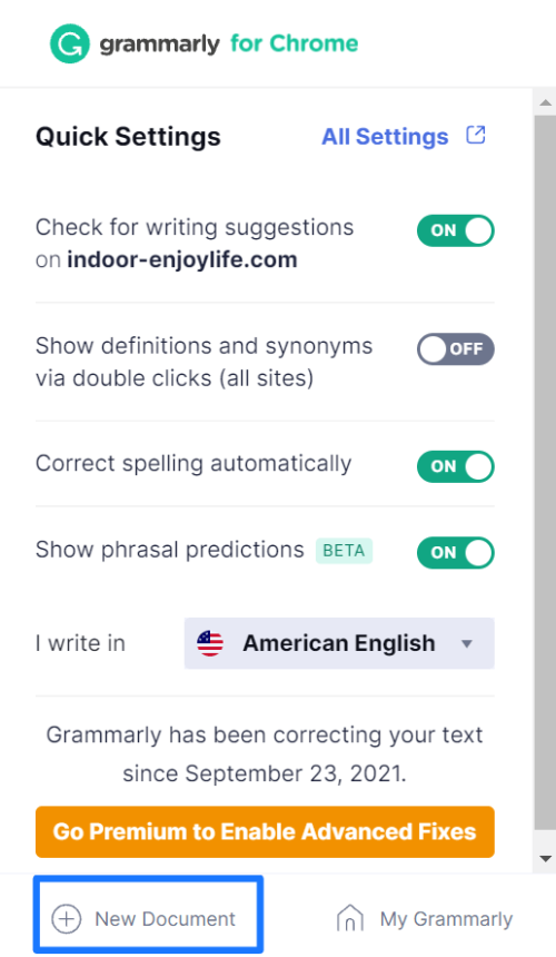 Grammarly for Chromeの新規文章を選ぶ画面